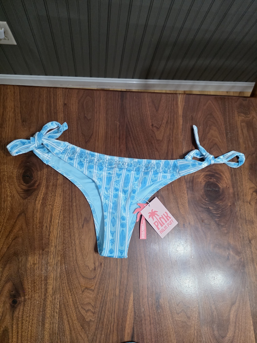 Pink Palm Puff Blue Tie-Side Bikini Bottom Medium NWT